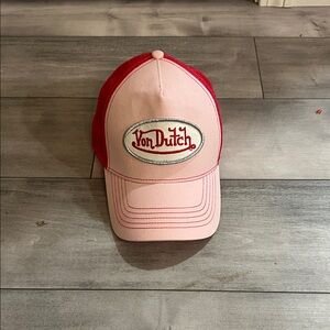 Von Dutch Red and Pink Logo Trucker Hat